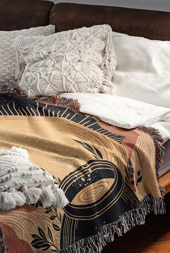 Celestial Woven Blanket with Moon Phase Pattern, Sun and Moon Astrology Throw