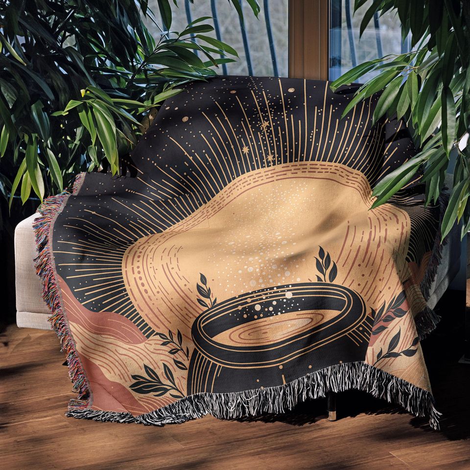 Celestial Woven Blanket with Moon Phase Pattern, Sun and Moon Astrology Throw