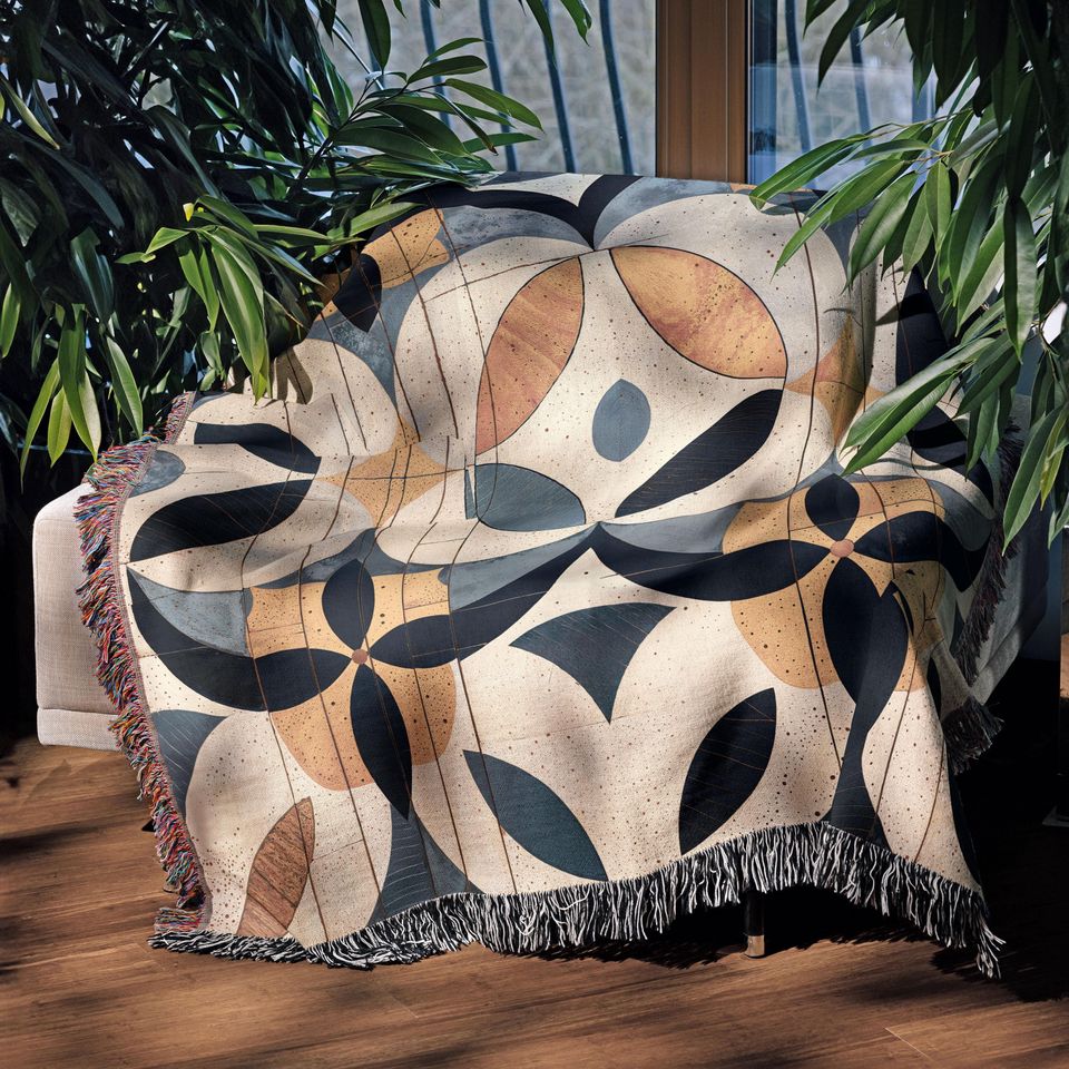 Mid Century Modern Woven Blanket with Geometric Art Deco