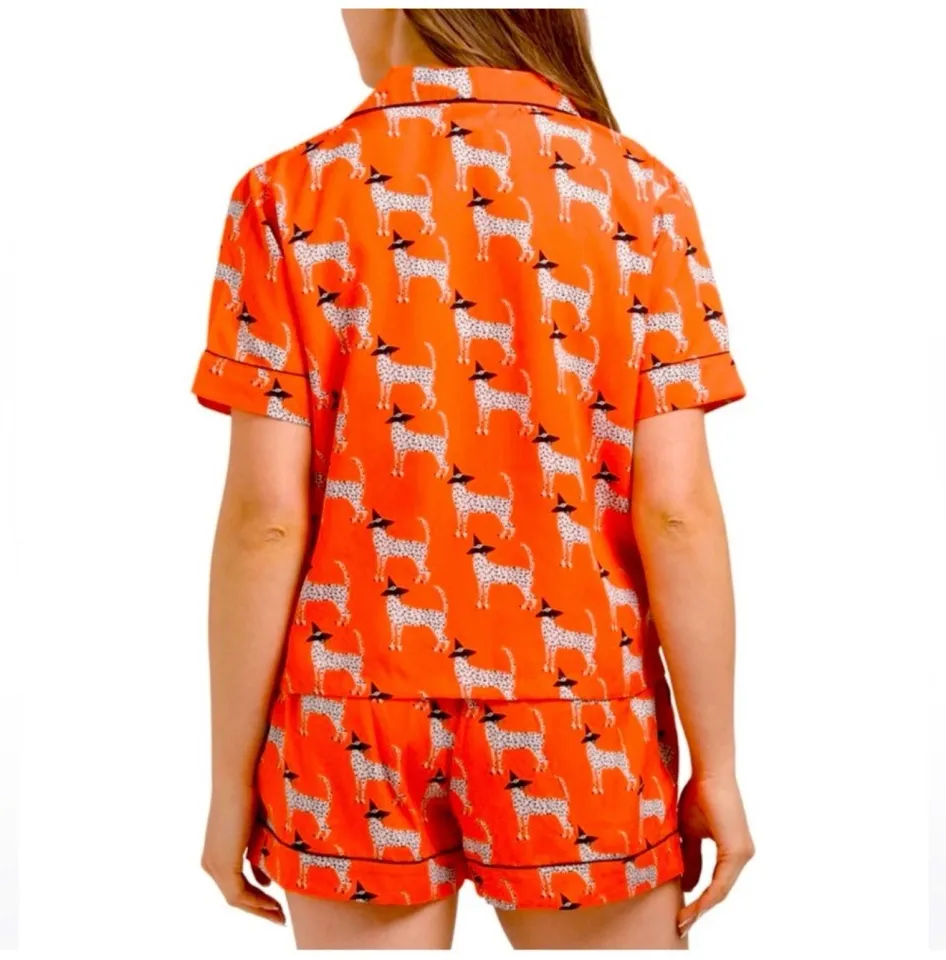 Bouffants & Broken Hearts Halloween Orange Leopard Witch Notch Shorty PJ Set S