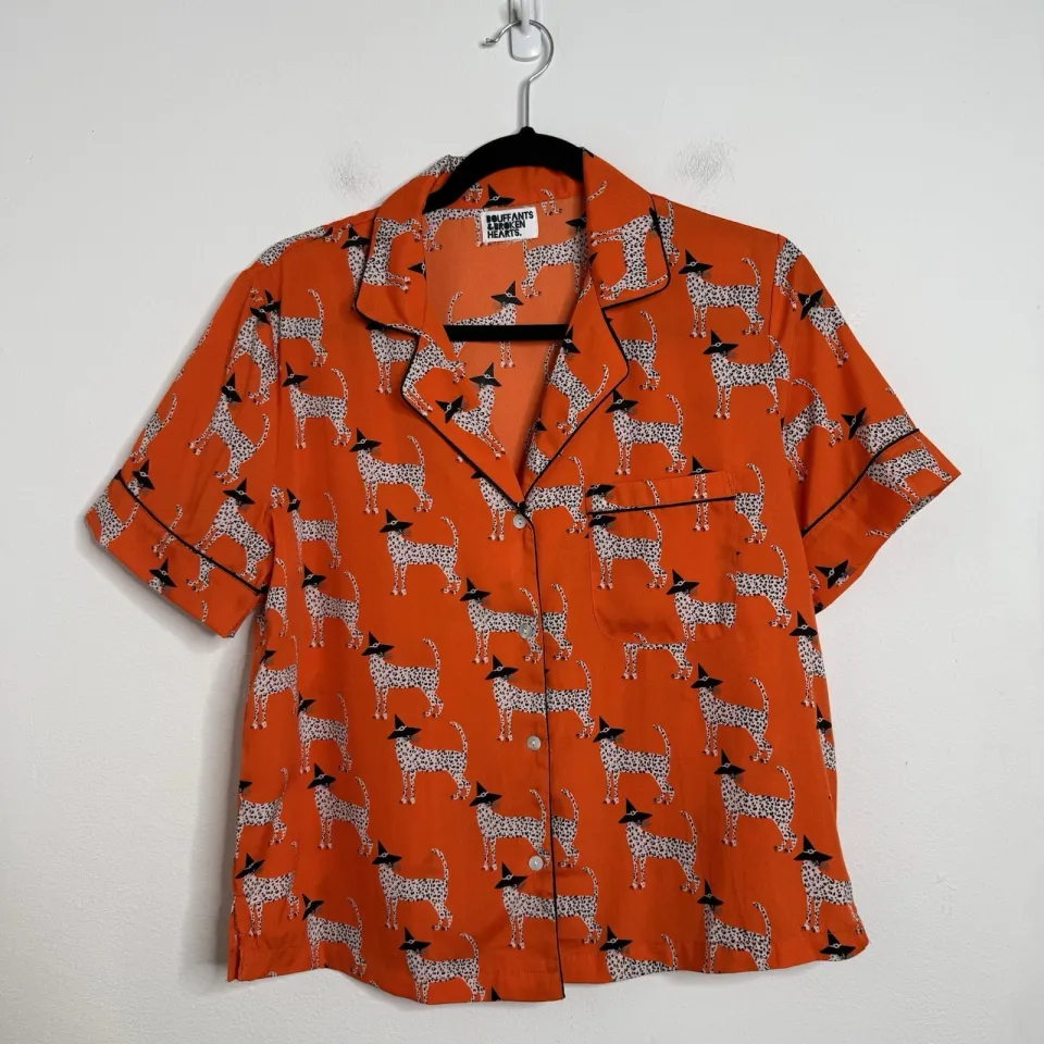 Bouffants & Broken Hearts Halloween Orange Leopard Witch Notch Shorty PJ Set S