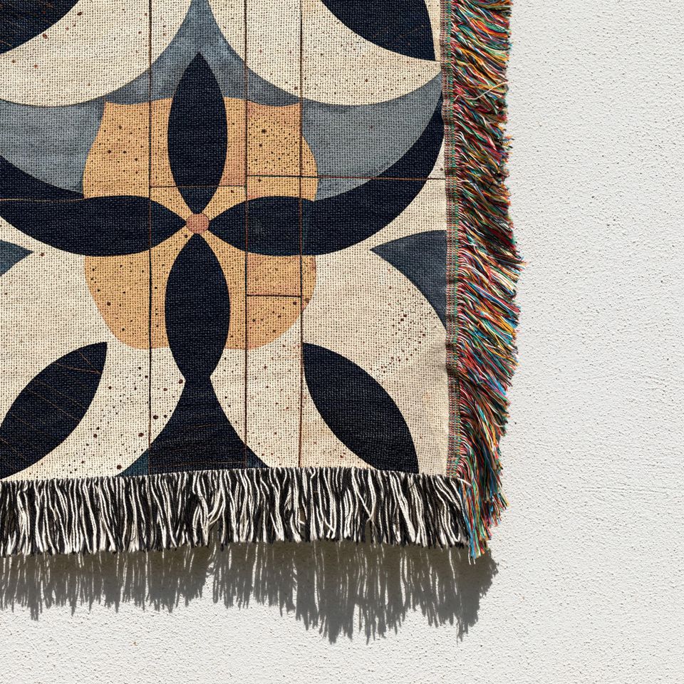 Mid Century Modern Woven Blanket with Geometric Art Deco
