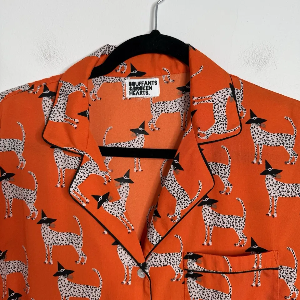 Bouffants & Broken Hearts Halloween Orange Leopard Witch Notch Shorty PJ Set S