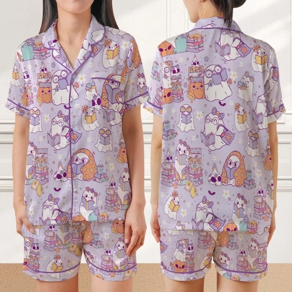 Cute Bookish Ghost Halloween Satin Pajamas, Book Lover, Reading Boo, Ghost Readi