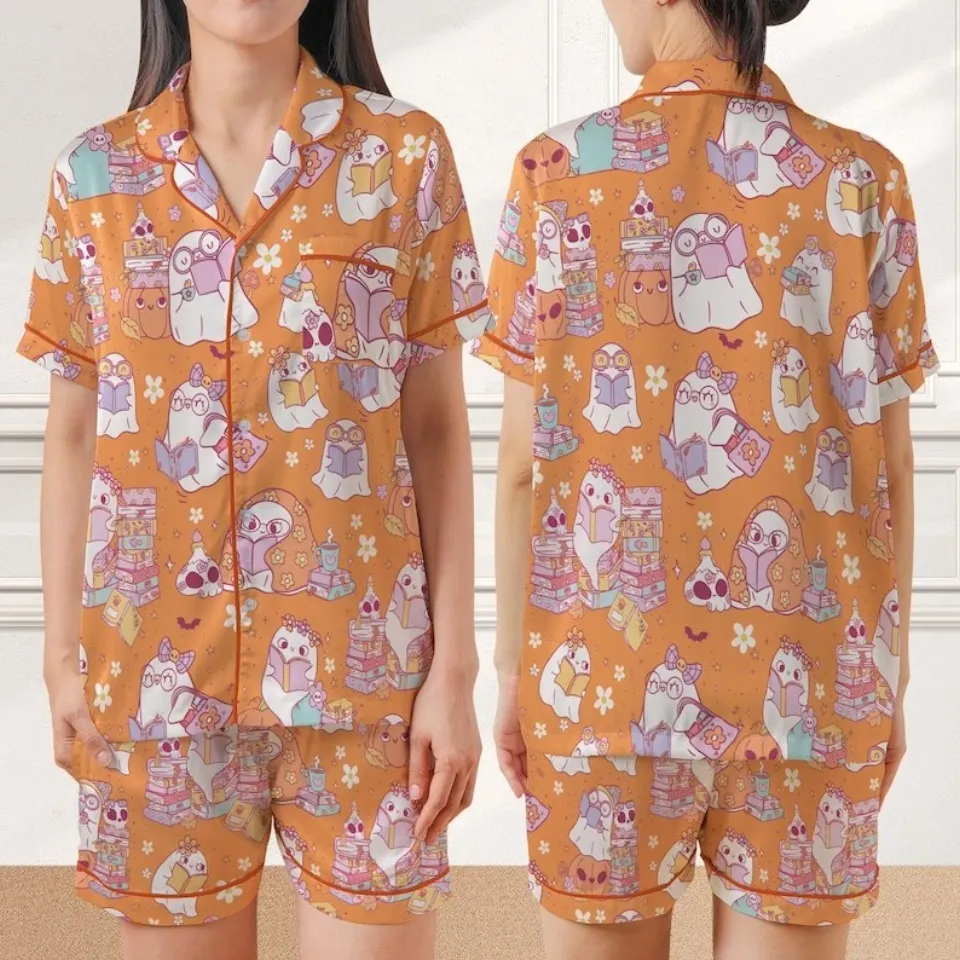 Cute Bookish Ghost Halloween Satin Pajamas, Book Lover, Reading Boo, Ghost Readi