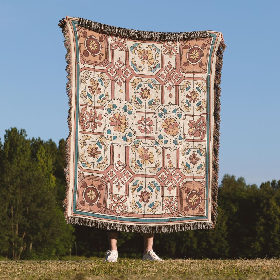 Vintage Floral Tile Print Woven Blanket, Mediterranean Boho Throw