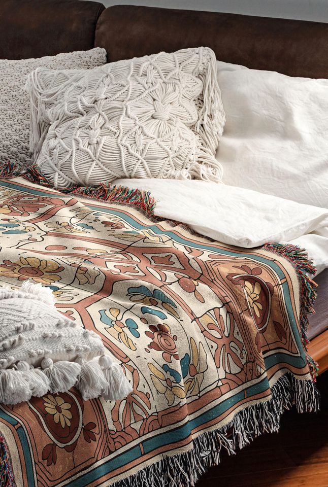 Vintage Floral Tile Print Woven Blanket, Mediterranean Boho Throw