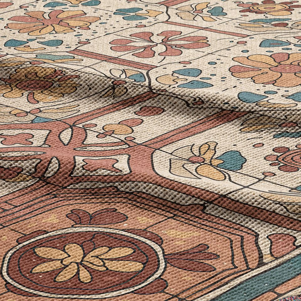 Vintage Floral Tile Print Woven Blanket, Mediterranean Boho Throw