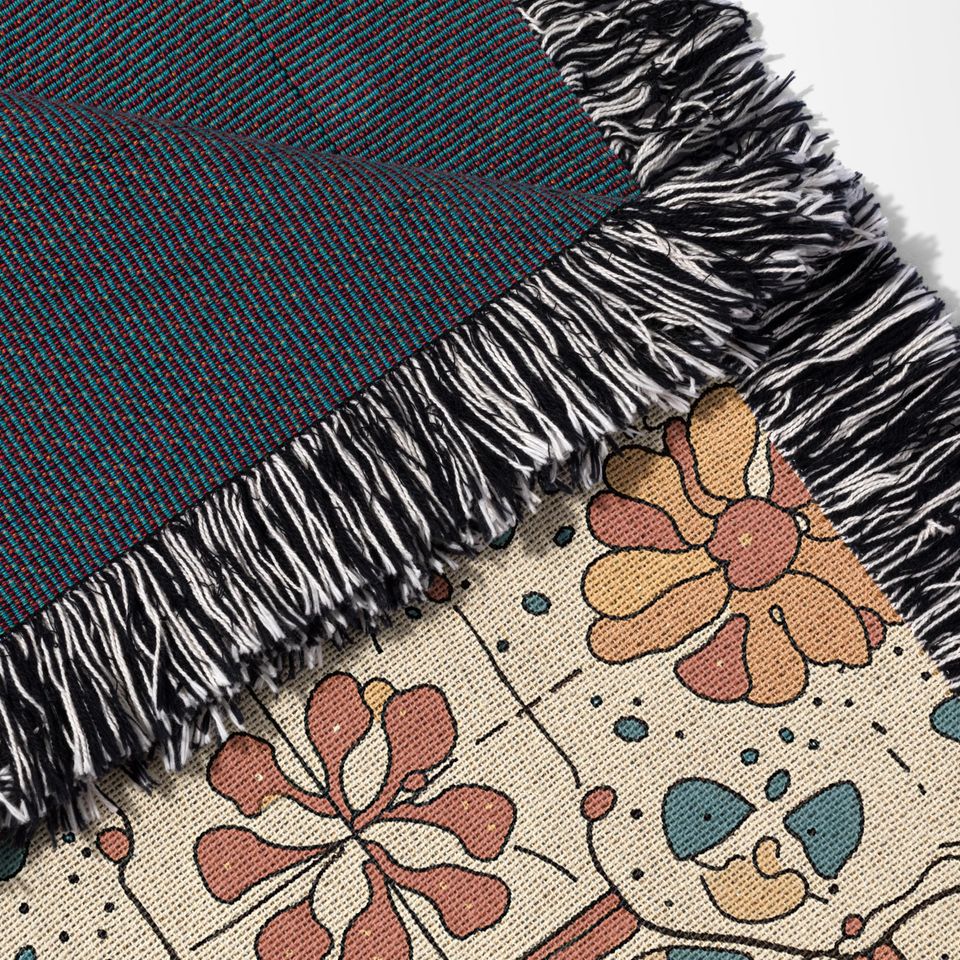 Vintage Floral Tile Print Woven Blanket, Mediterranean Boho Throw