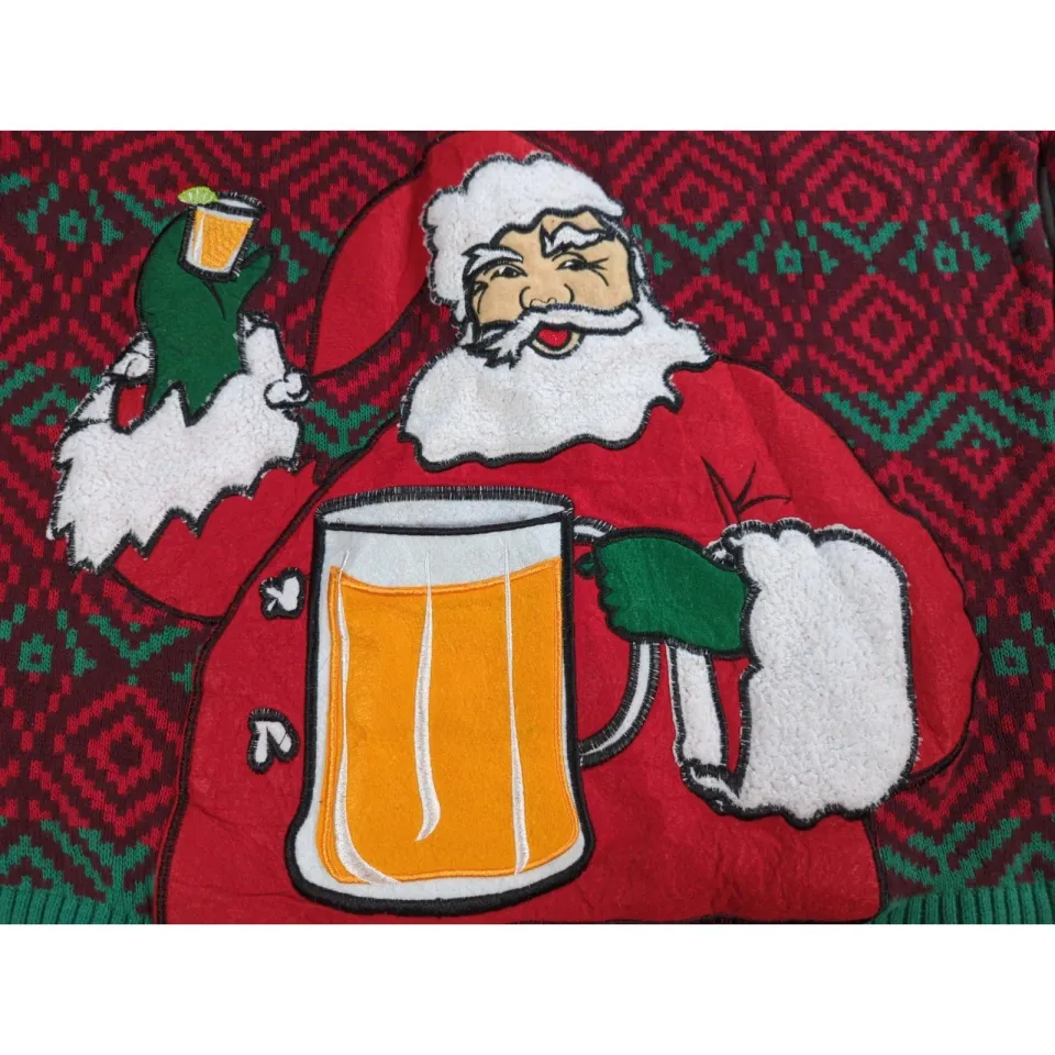 33Degrees Santa Beer Pocket Ugly Christmas Sweater Red Green Mens XL Funny