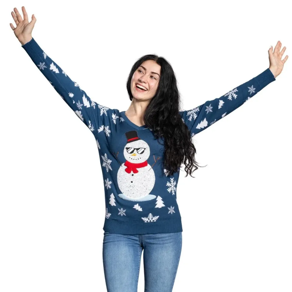 Fabulous V-Neck Sequin Snowman Ugly Christmas Sweater
