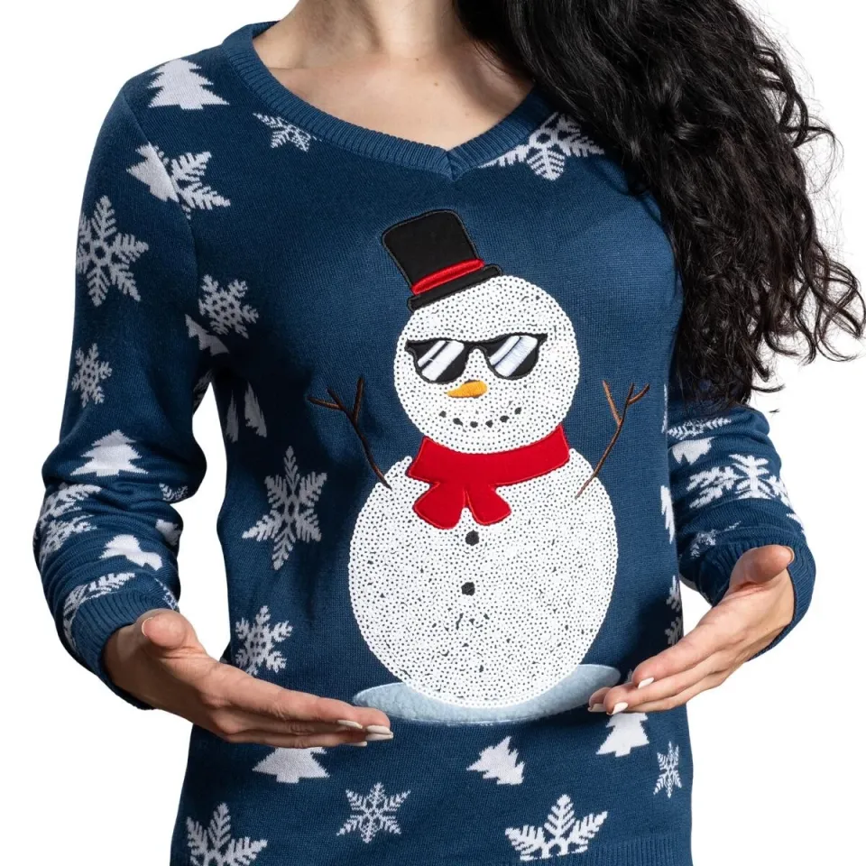 Fabulous V-Neck Sequin Snowman Ugly Christmas Sweater