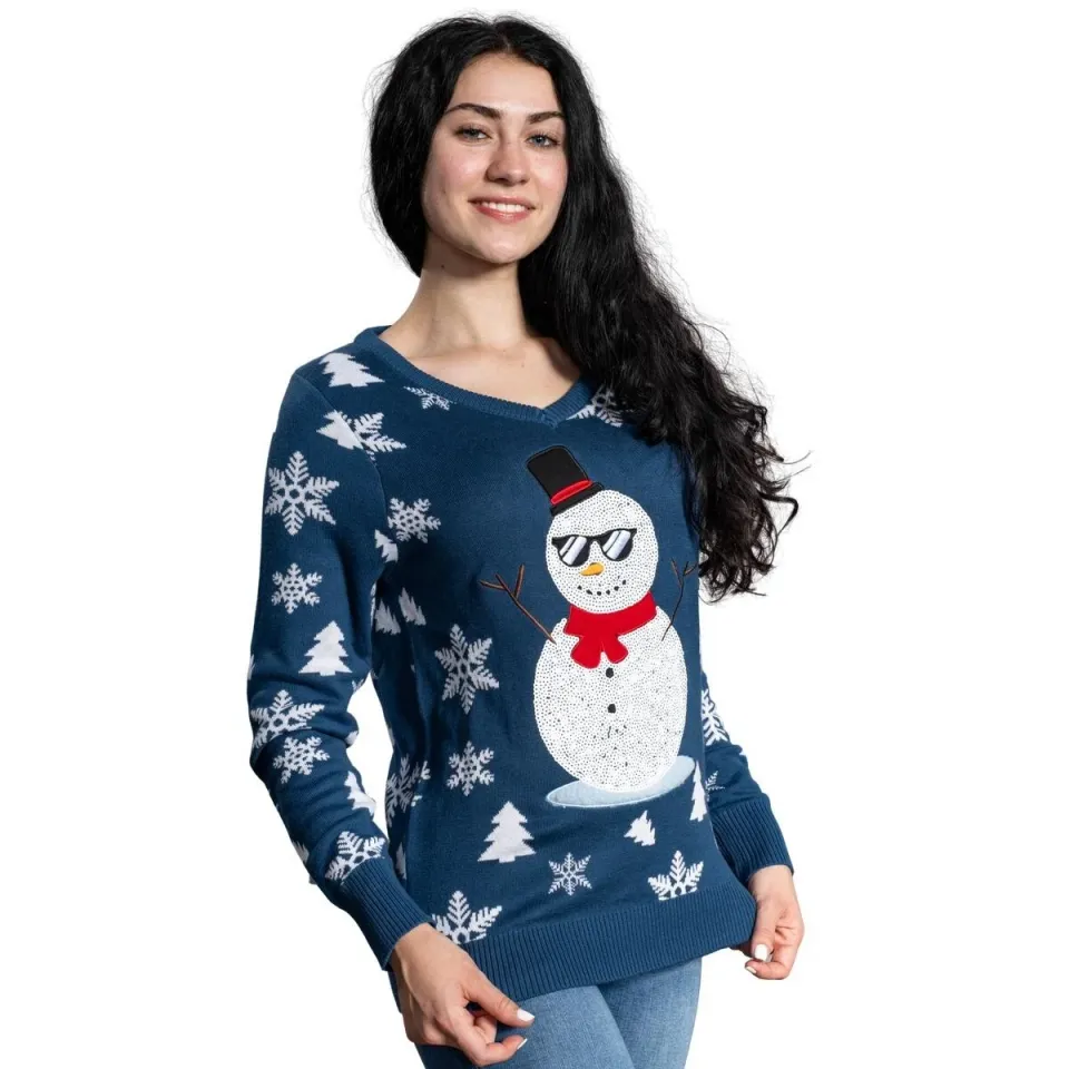 Fabulous V-Neck Sequin Snowman Ugly Christmas Sweater