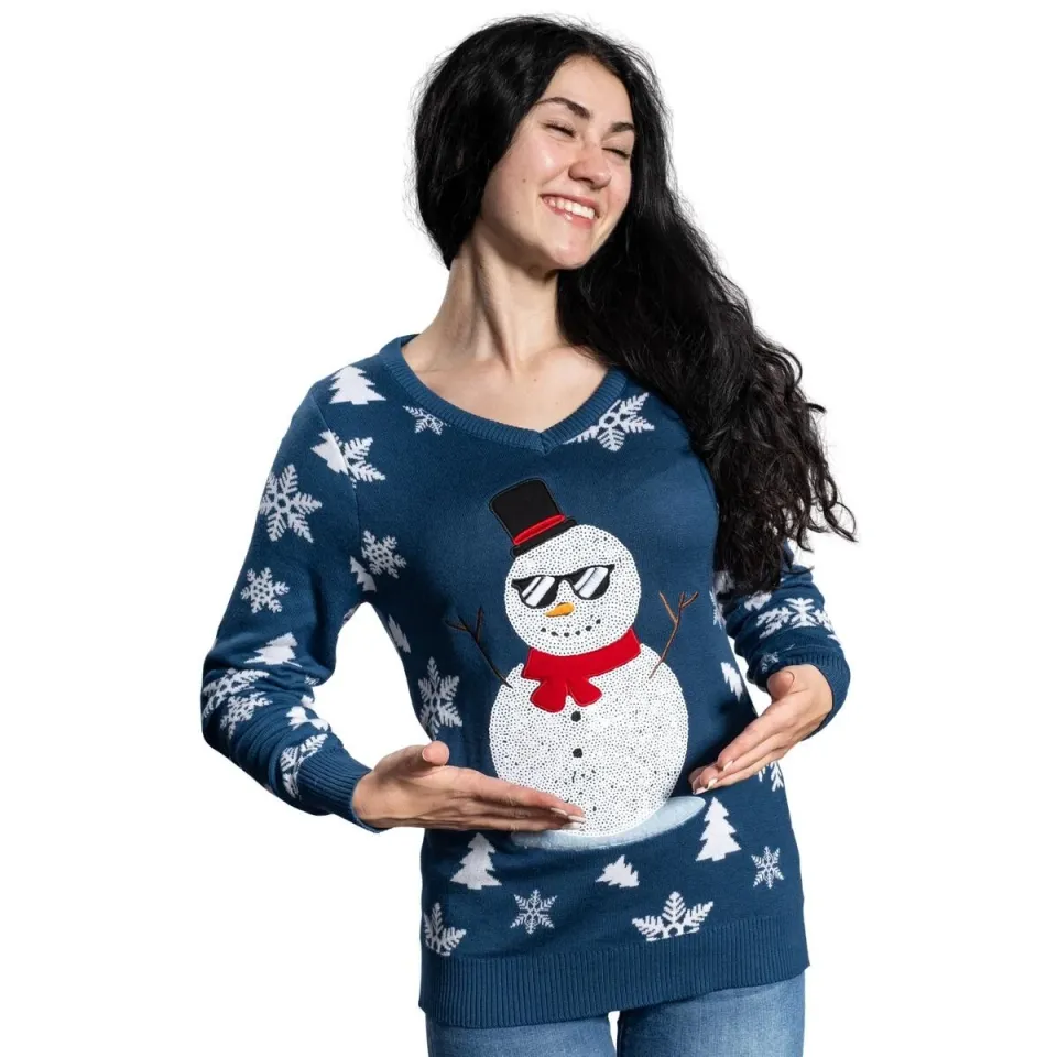 Fabulous V-Neck Sequin Snowman Ugly Christmas Sweater