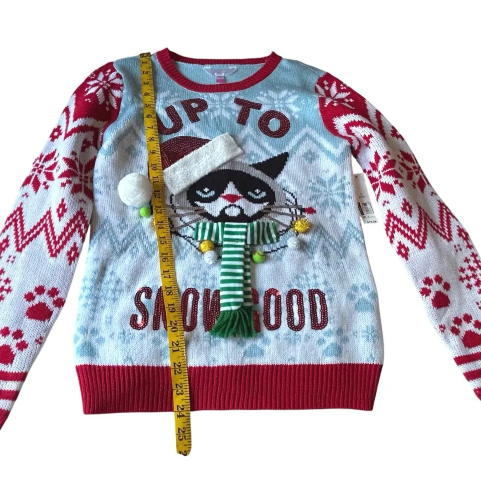 Grumpy Cat Ugly Christmas Sweater Juniors S Small Holiday Up to Snow Good