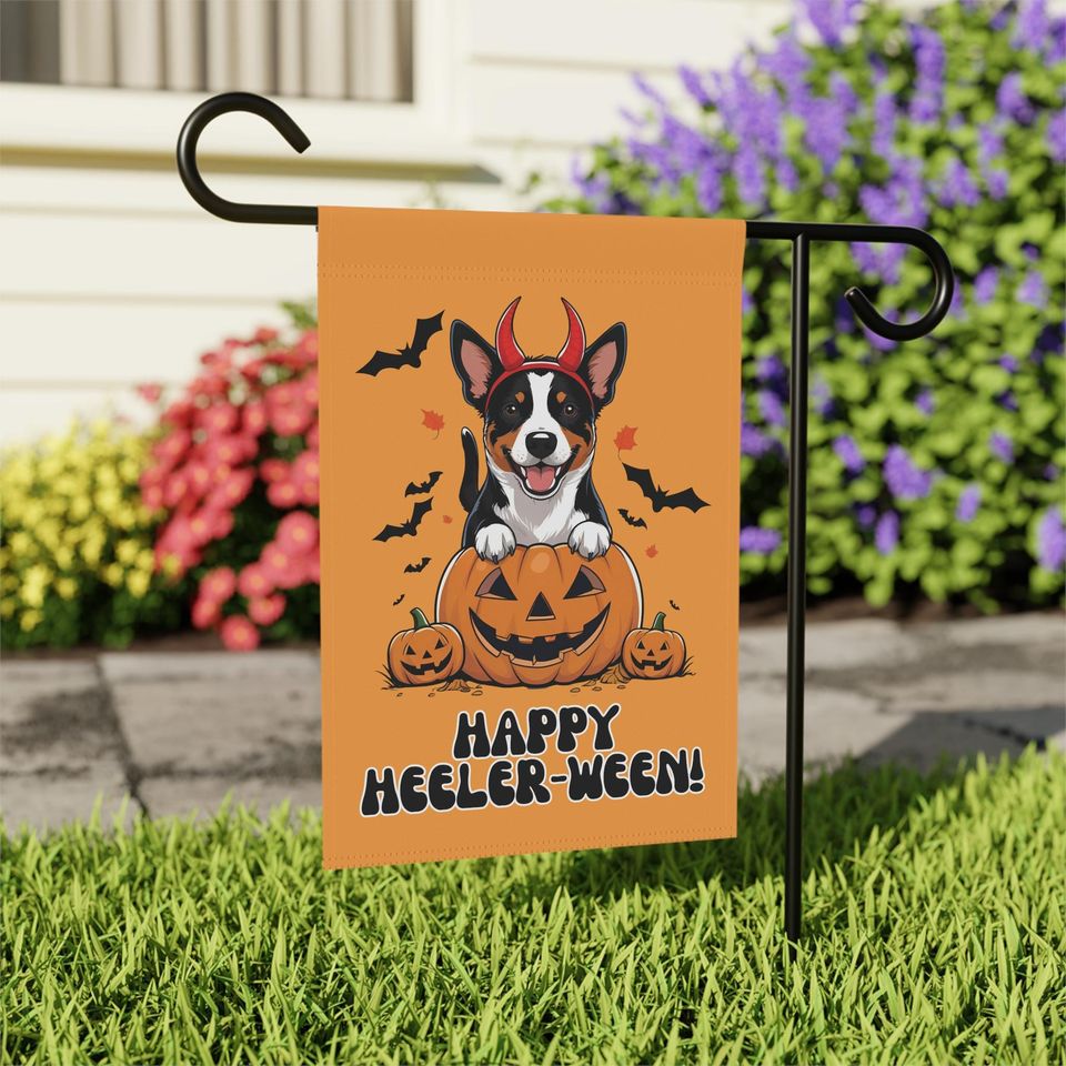 Happy Heelerween Garden Flag, Funny Halloween Home Decor, Blue Heeler Cattle Dog Owner Gift, Dog Breed Outdoor Decor, Orange Bats Pumpkins