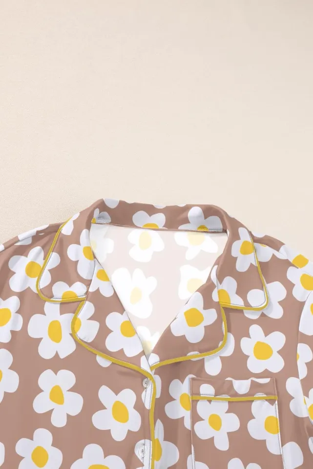 Womens Pajama Sets Brown White Flower Print Buttoned Drawstring Waist Lounge ...