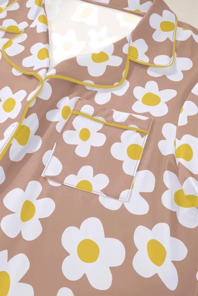 Womens Pajama Sets Brown White Flower Print Buttoned Drawstring Waist Lounge ...