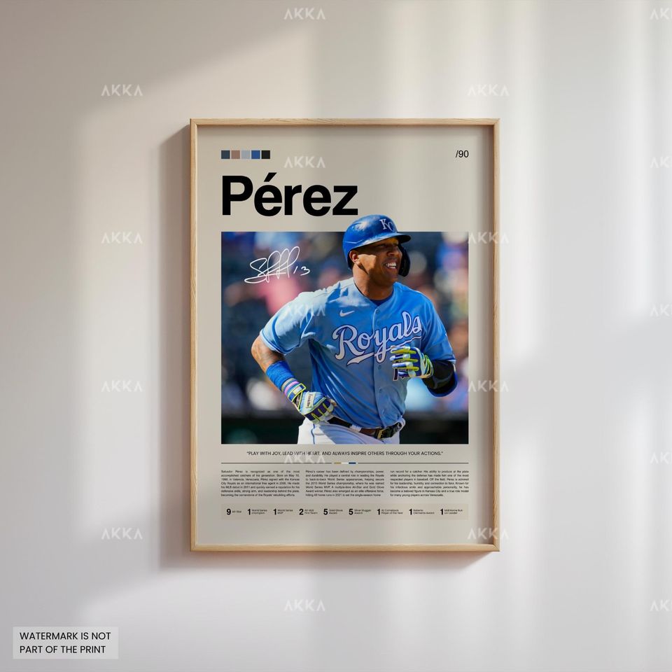 Salvador Prez Poster, Kansas City Royals Wall Art Print, Framed Baseball Decor