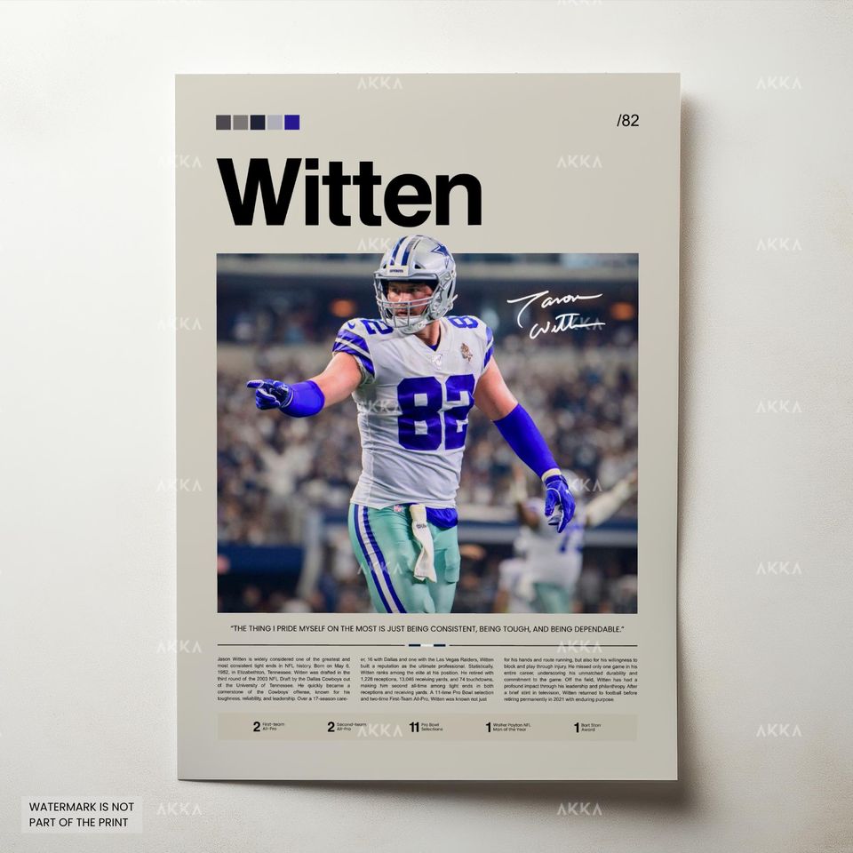 Jason Witten Poster, Witten Cowboys Print, Framed Witten Dallas Art, Witten Wall Decor, Dallas Cowboys Print Fan Gift Idea, Witten Art