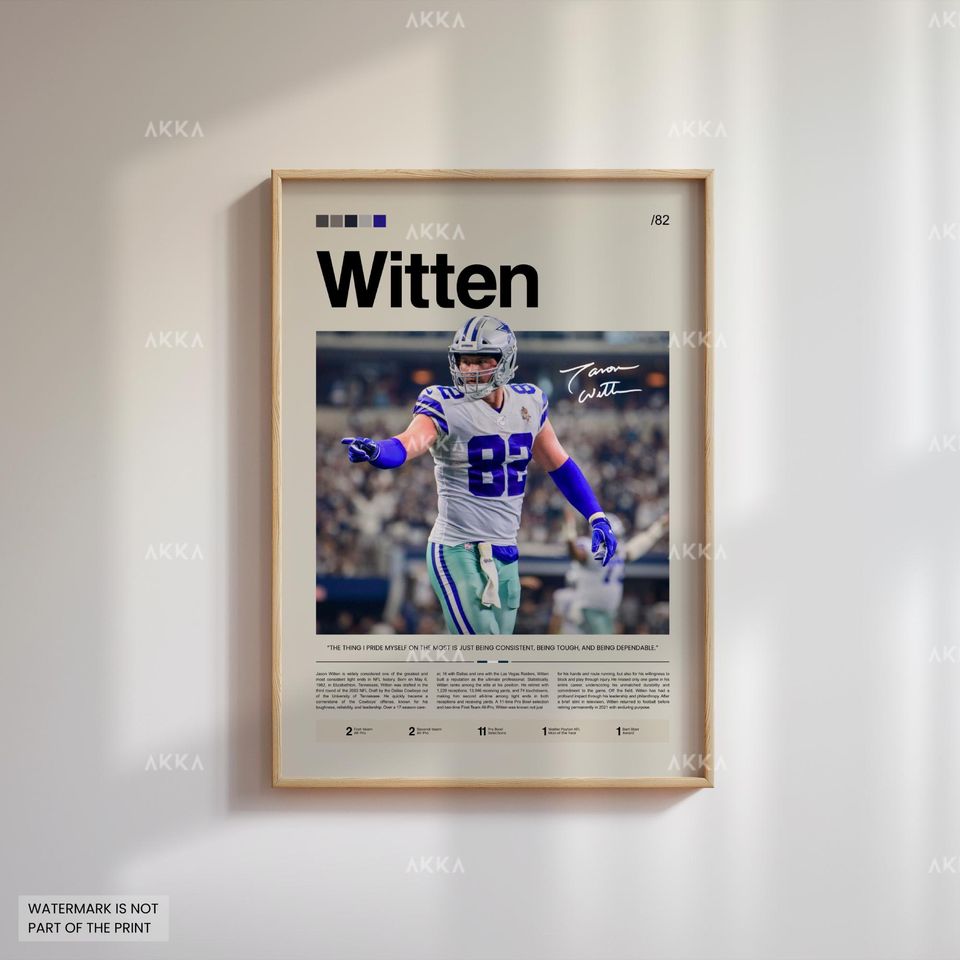 Jason Witten Poster, Witten Cowboys Print, Framed Witten Dallas Art, Witten Wall Decor, Dallas Cowboys Print Fan Gift Idea, Witten Art