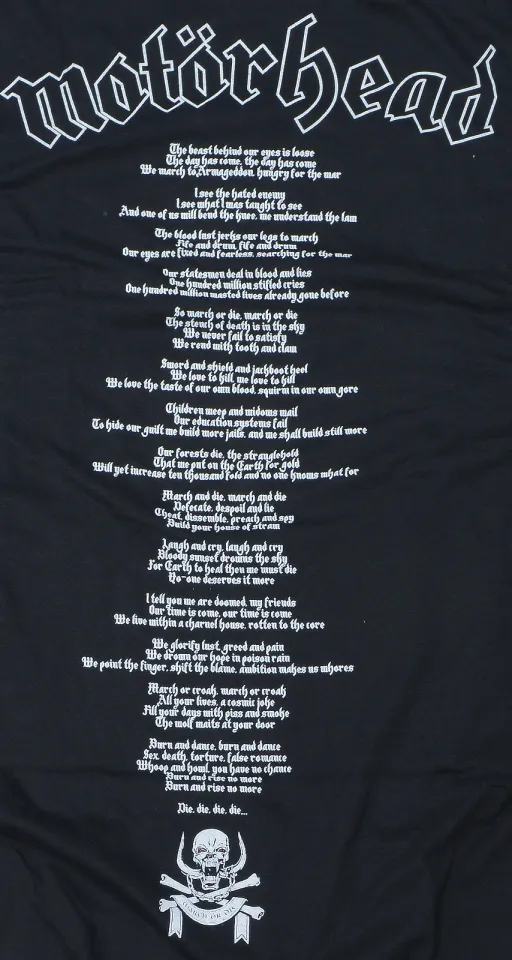 Motorhead Official March Or Die Lyrics T-Shirt