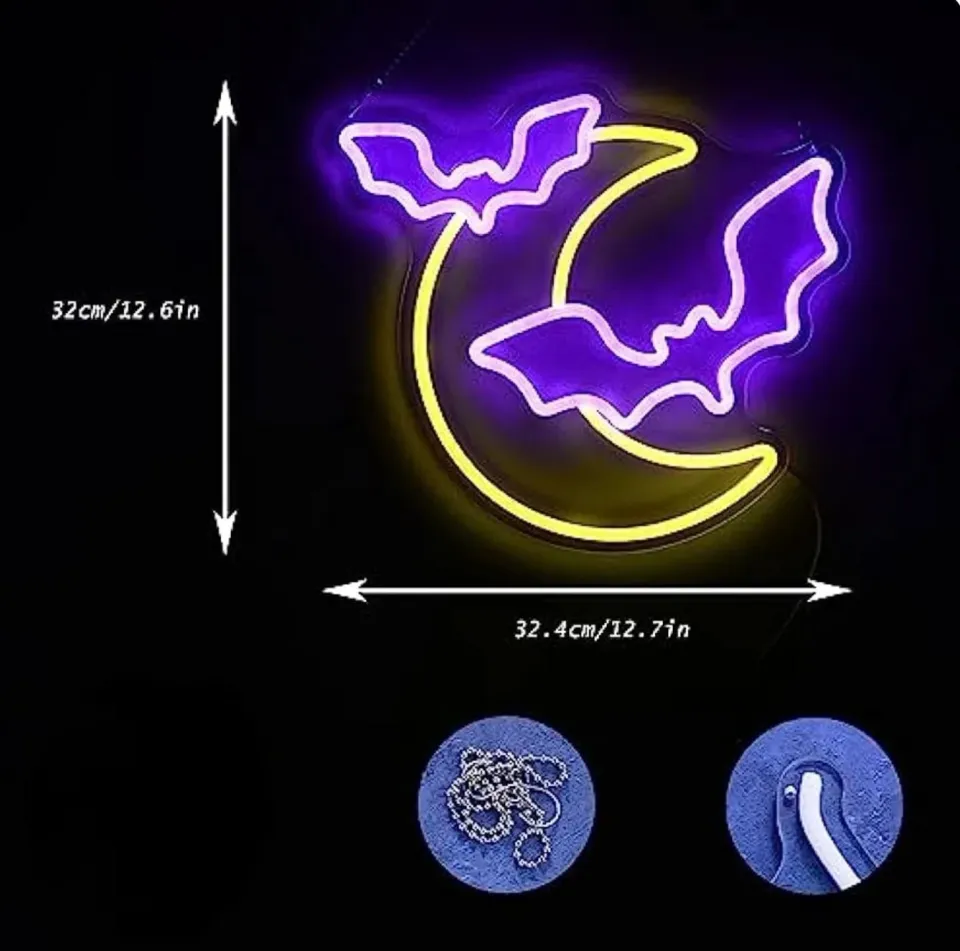 Custom Halloween Party Bats and Moon Neon Sign
