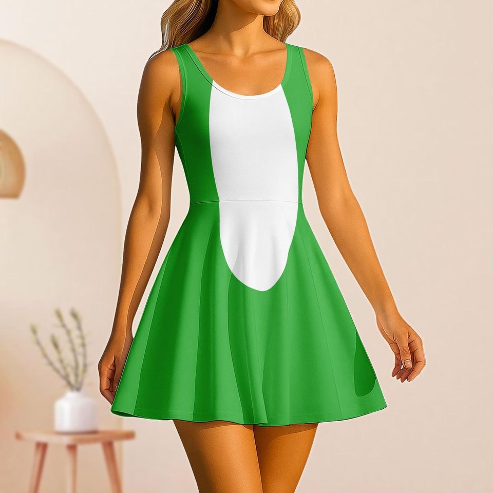 Yoshi Cosplay Skater Dress, Super Mario Women Dress, Nintendo Gamer Halloween Costume, Mario Bros Casual Dress, Fun Cartoon Party Dress