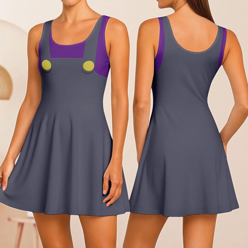 Waluigi Cosplay Skater Dress, Super Mario Women Dress, Video Gamer Halloween Costume, Mario Bros Comfort Dress, Fun Cartoon Party Dress