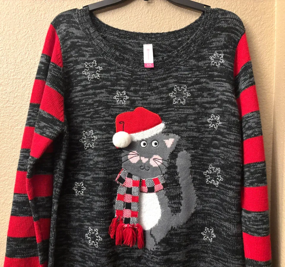 Women’s No Boundaries – Grey Cat Ugly Christmas Sweater
