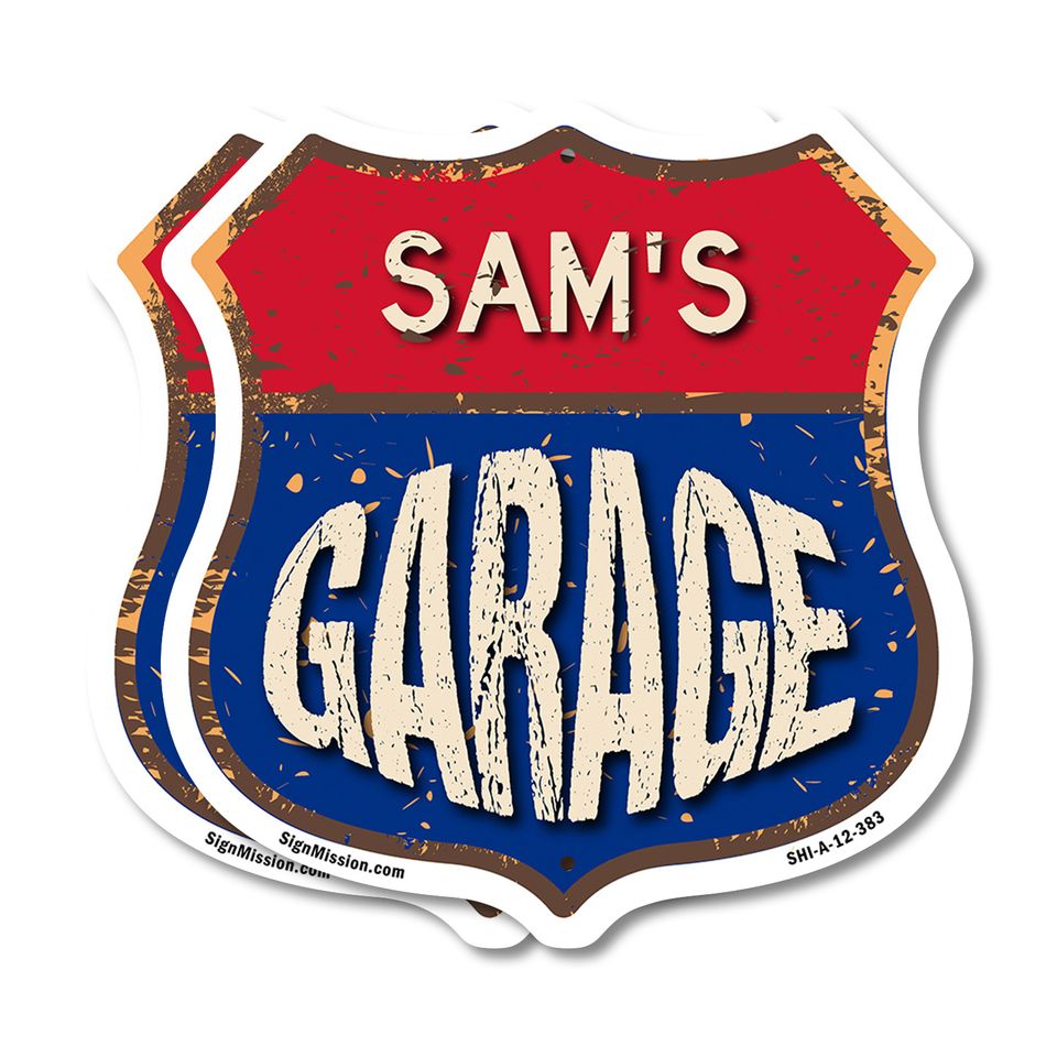 Sam's Garage Shield Metal Sign Weather-Resistant Crafted in the USA
