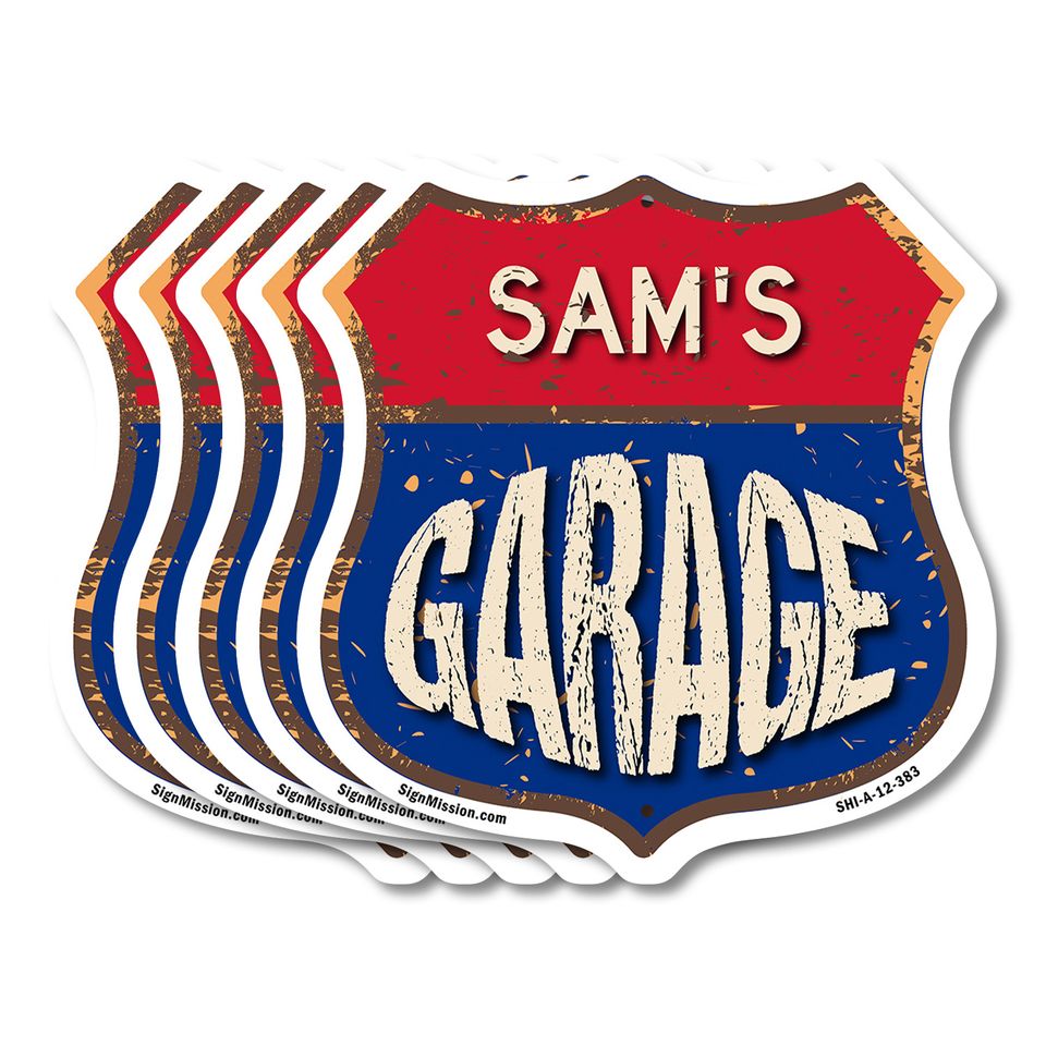 Sam's Garage Shield Metal Sign Weather-Resistant Crafted in the USA