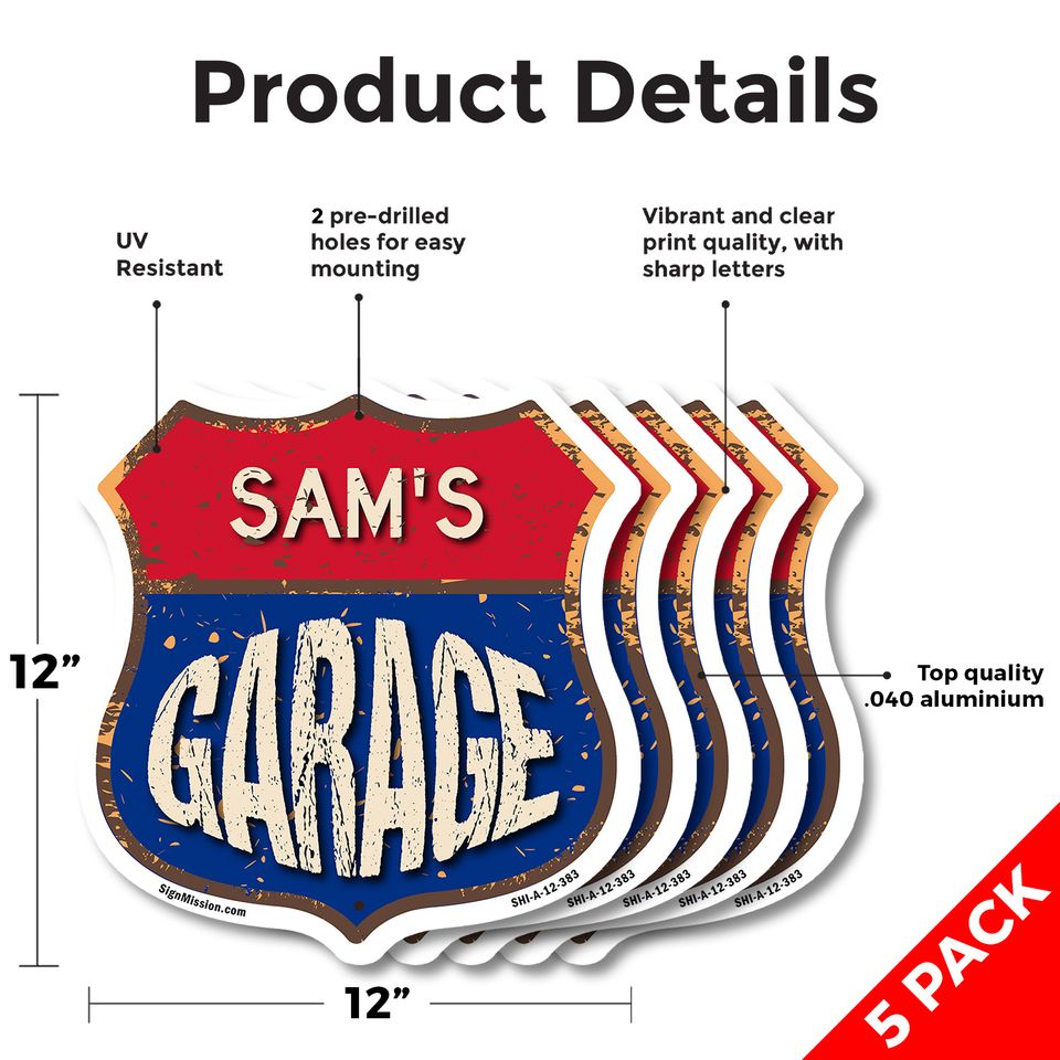 Sam's Garage Shield Metal Sign Weather-Resistant Crafted in the USA