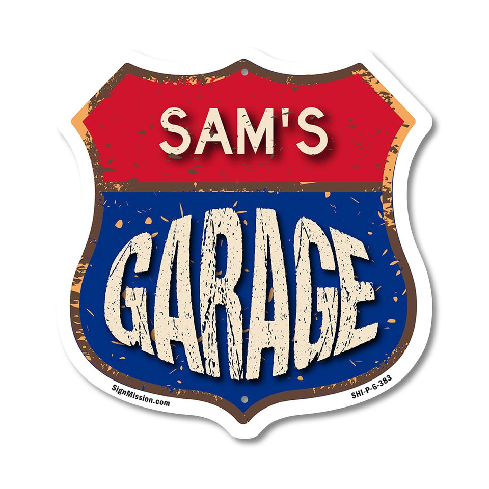 Sam's Garage Shield Metal Sign Weather-Resistant Crafted in the USA