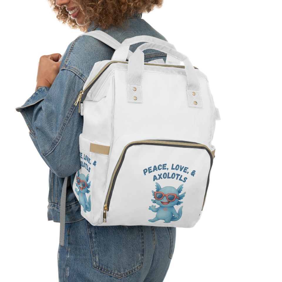 Stylish Multifunctional Diaper Backpack with Cute Axolotl Design, Baby Bag, Mom Backpack, Maternity Tote, Peace, Love Design BLUE