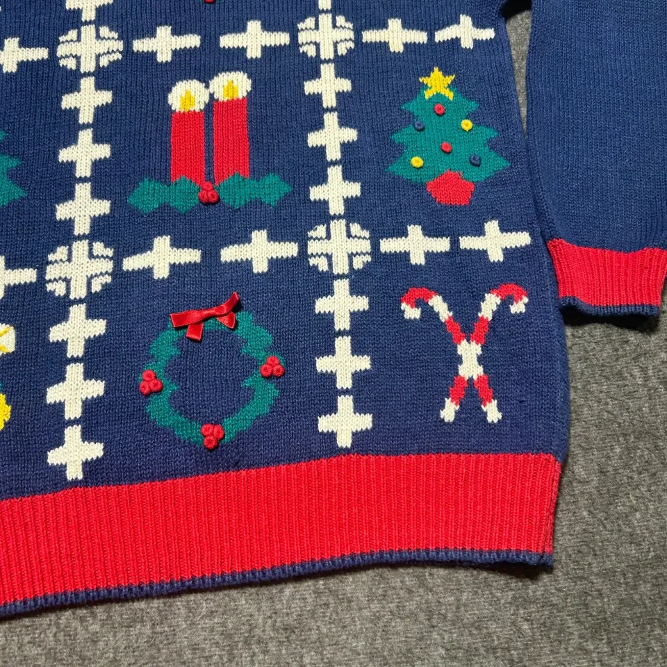 Christmas Sweater Ugly Medium Holiday Blue Tree Candy Cane Wreath Grandma