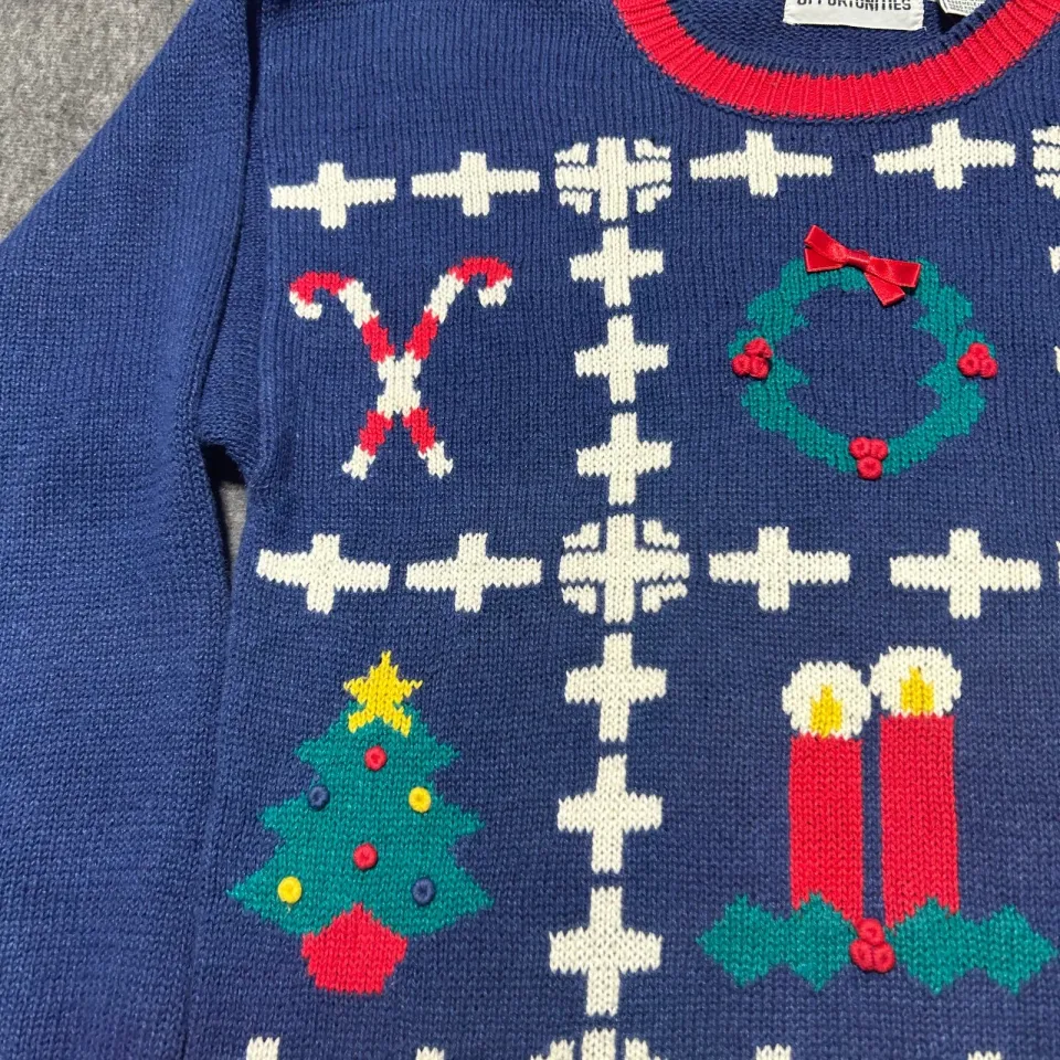 Christmas Sweater Ugly Medium Holiday Blue Tree Candy Cane Wreath Grandma