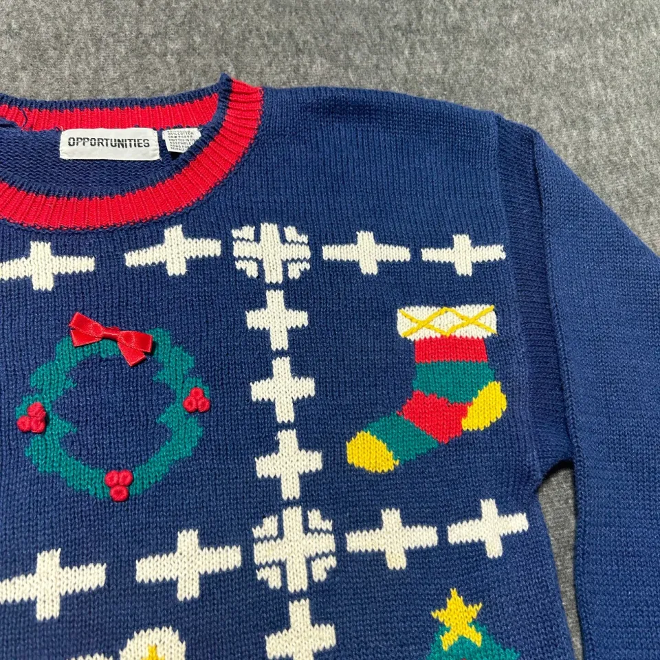 Christmas Sweater Ugly Medium Holiday Blue Tree Candy Cane Wreath Grandma