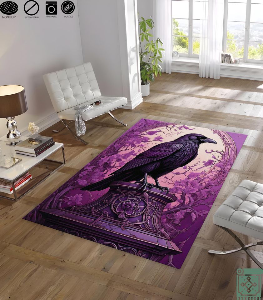 Gothic Raven Rug, Dark Academia, Purple and Black Victorian Gothic Carpet, Crow Witchcore Decor, Halloween Gift Rug