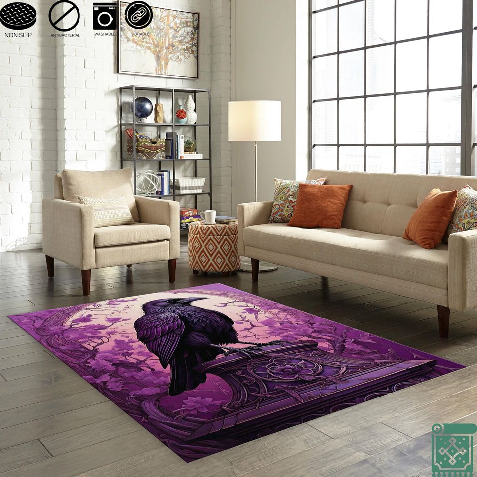Gothic Raven Rug, Dark Academia, Purple and Black Victorian Gothic Carpet, Crow Witchcore Decor, Halloween Gift Rug