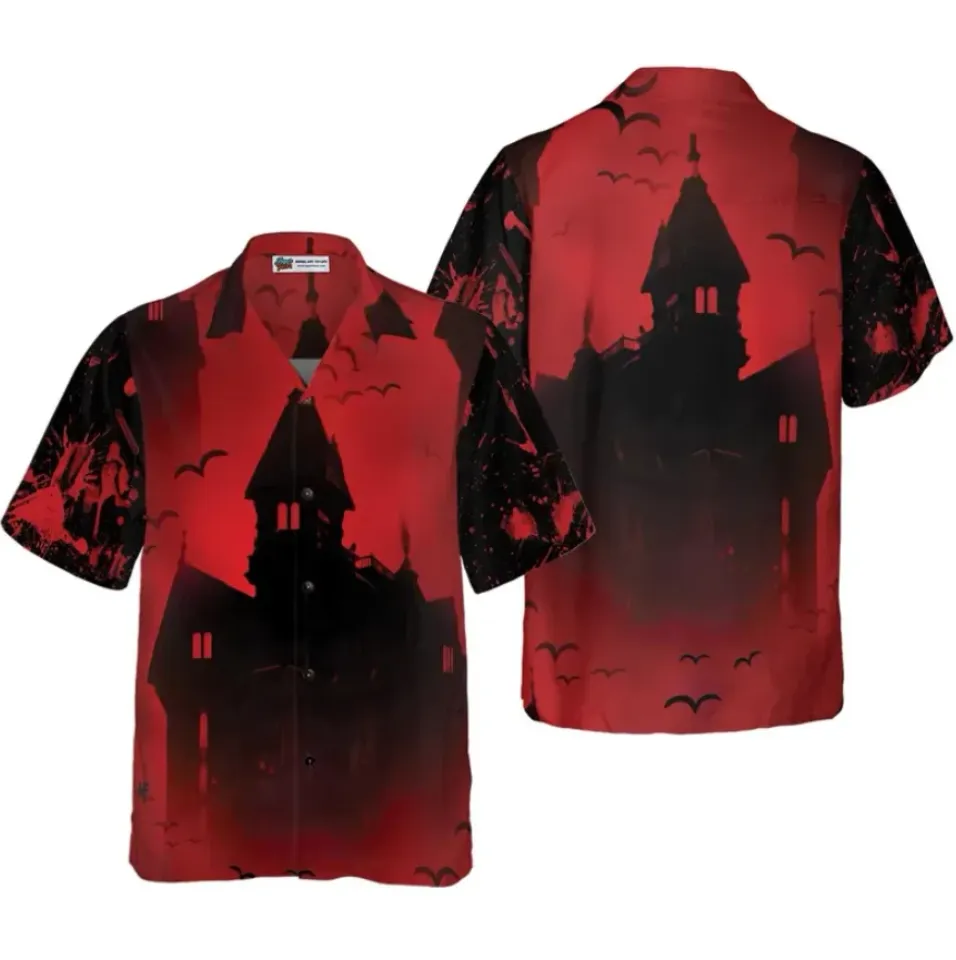 Scary Vampire Castle Halloween Hawaiian Shirt, Black Red