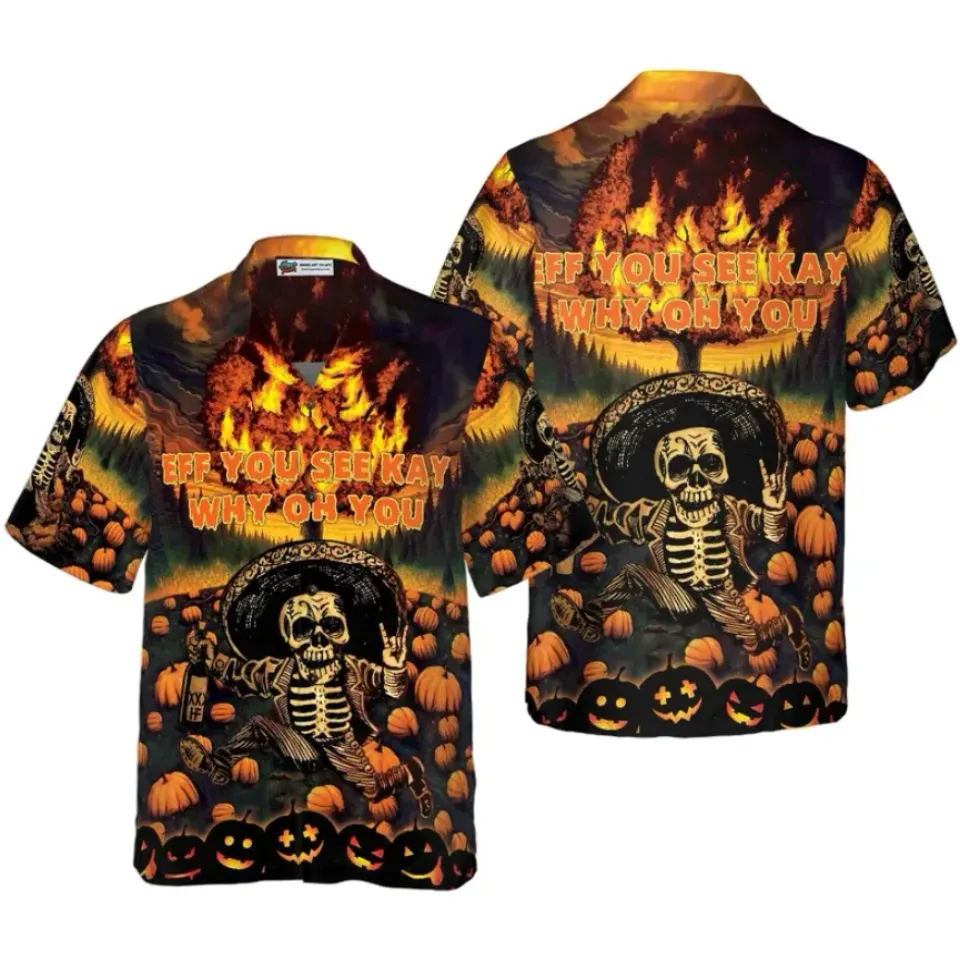 Burning Pumpkin Sky Skeleton Short Sleeve Halloween Hawaiian