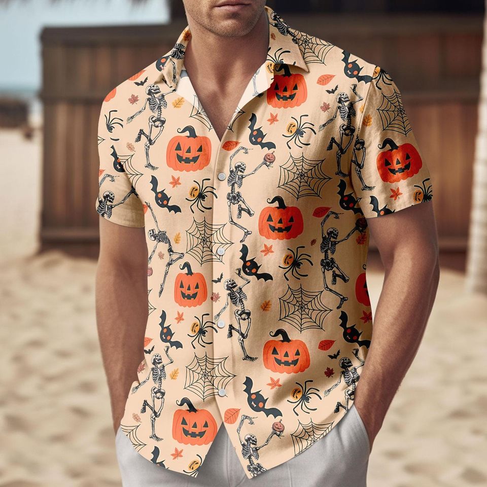 Dancing Skeleton Button Shirt, Men Shorts, Pumpkin Hawaiian Shirt, Retro Horror Holiday Shirt, Spooky Season Shirt, Halloween Gifts