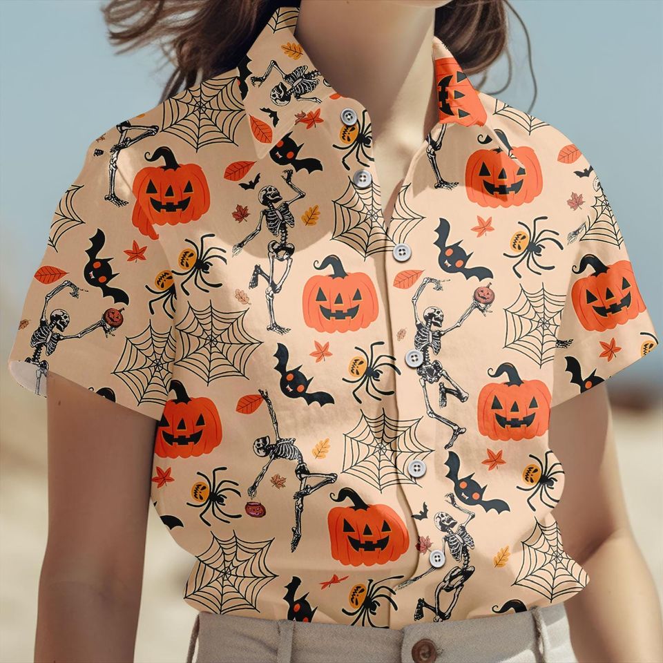 Dancing Skeleton Button Shirt, Men Shorts, Pumpkin Hawaiian Shirt, Retro Horror Holiday Shirt, Spooky Season Shirt, Halloween Gifts