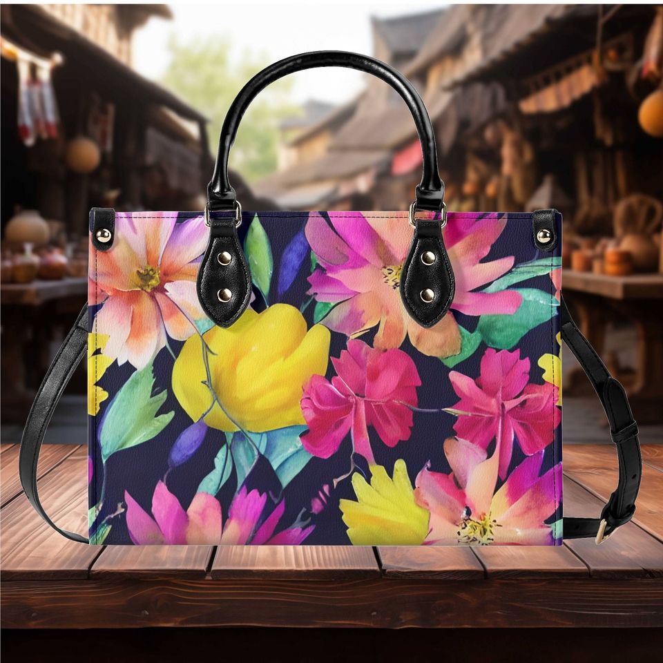 Watercolor Floral Tote Bag Vegan Leather Shoulder Bag for Spring Summer Fall