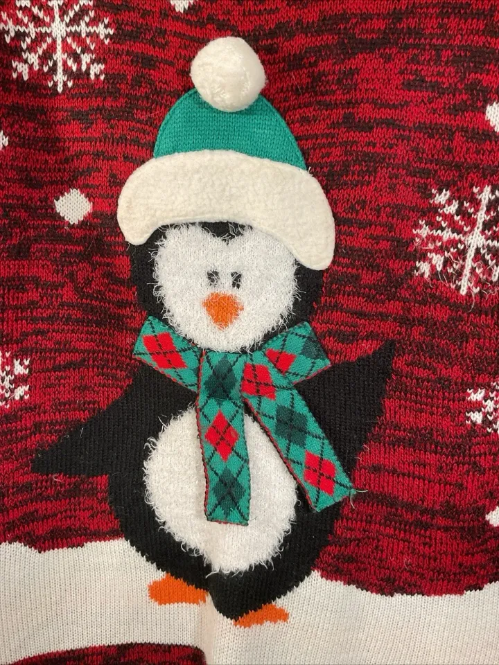 No Boundaries Ugly Christmas Sweater- Penguin in Scarf  Hat  Snowflakes-