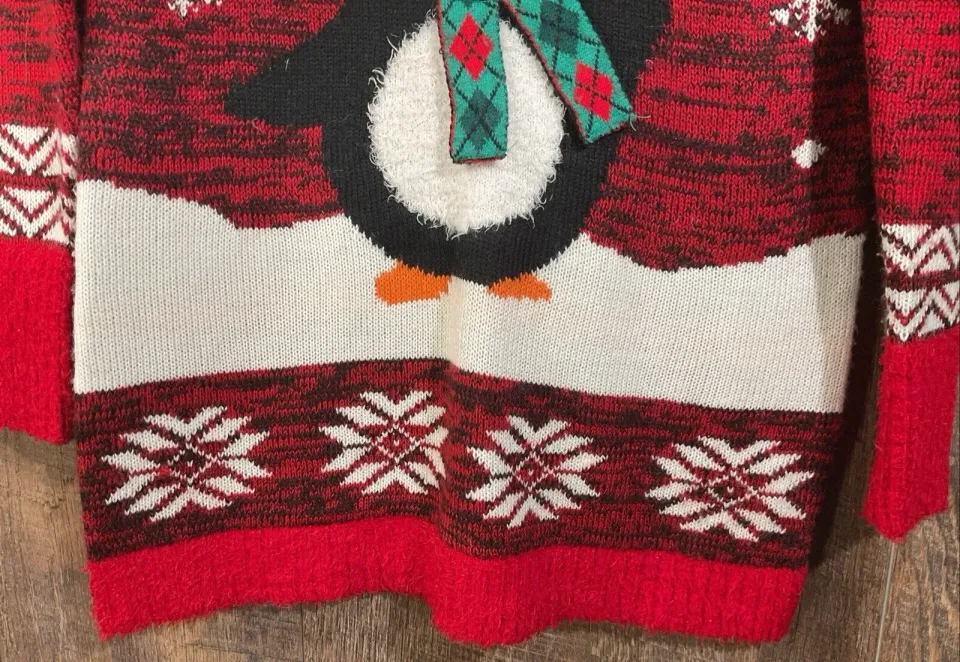 No Boundaries Ugly Christmas Sweater- Penguin in Scarf  Hat  Snowflakes-