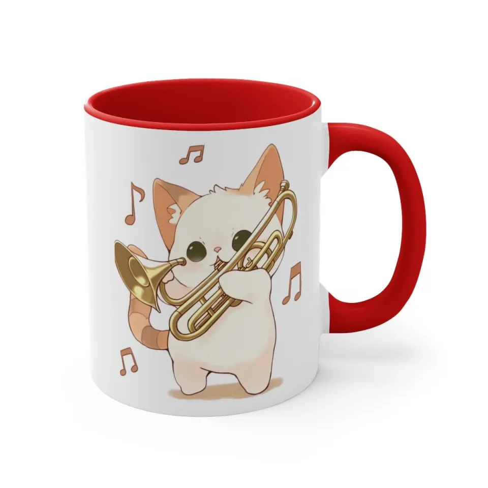 Colorful Accent Coffee Mug 11oz Cute White Cat Trombone Brass Instrument Anime