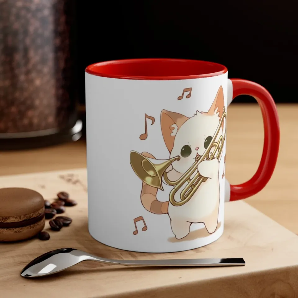 Colorful Accent Coffee Mug 11oz Cute White Cat Trombone Brass Instrument Anime