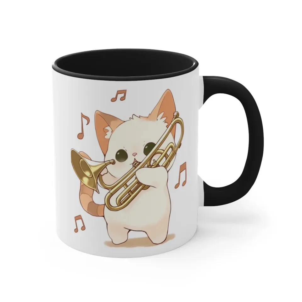 Colorful Accent Coffee Mug 11oz Cute White Cat Trombone Brass Instrument Anime